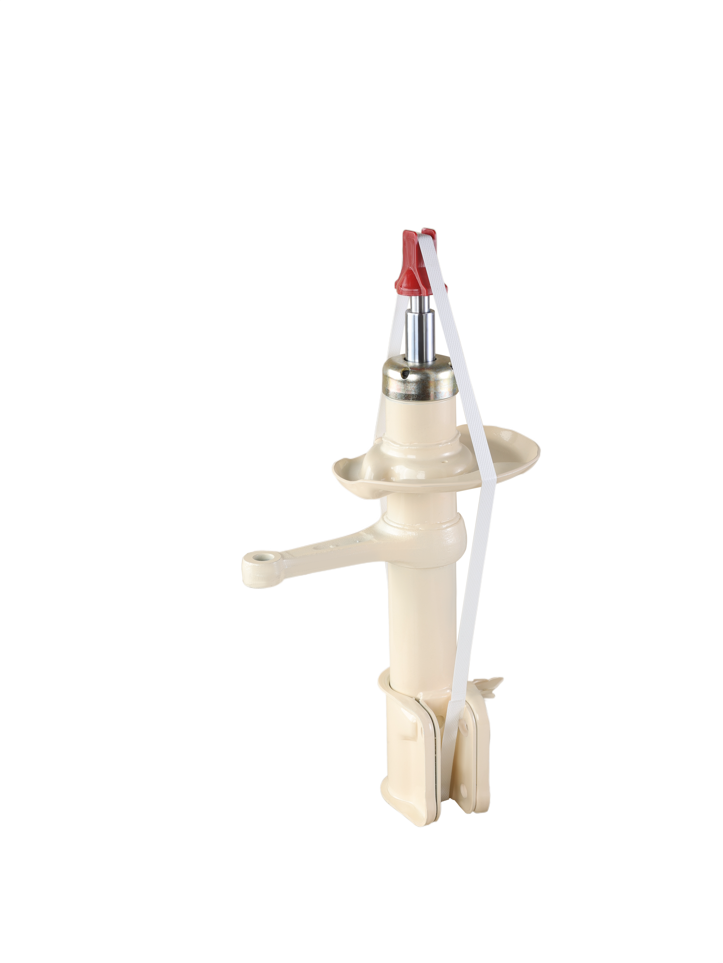 Автомобильная стойка амортизатора светлого цвета на белом фоне.