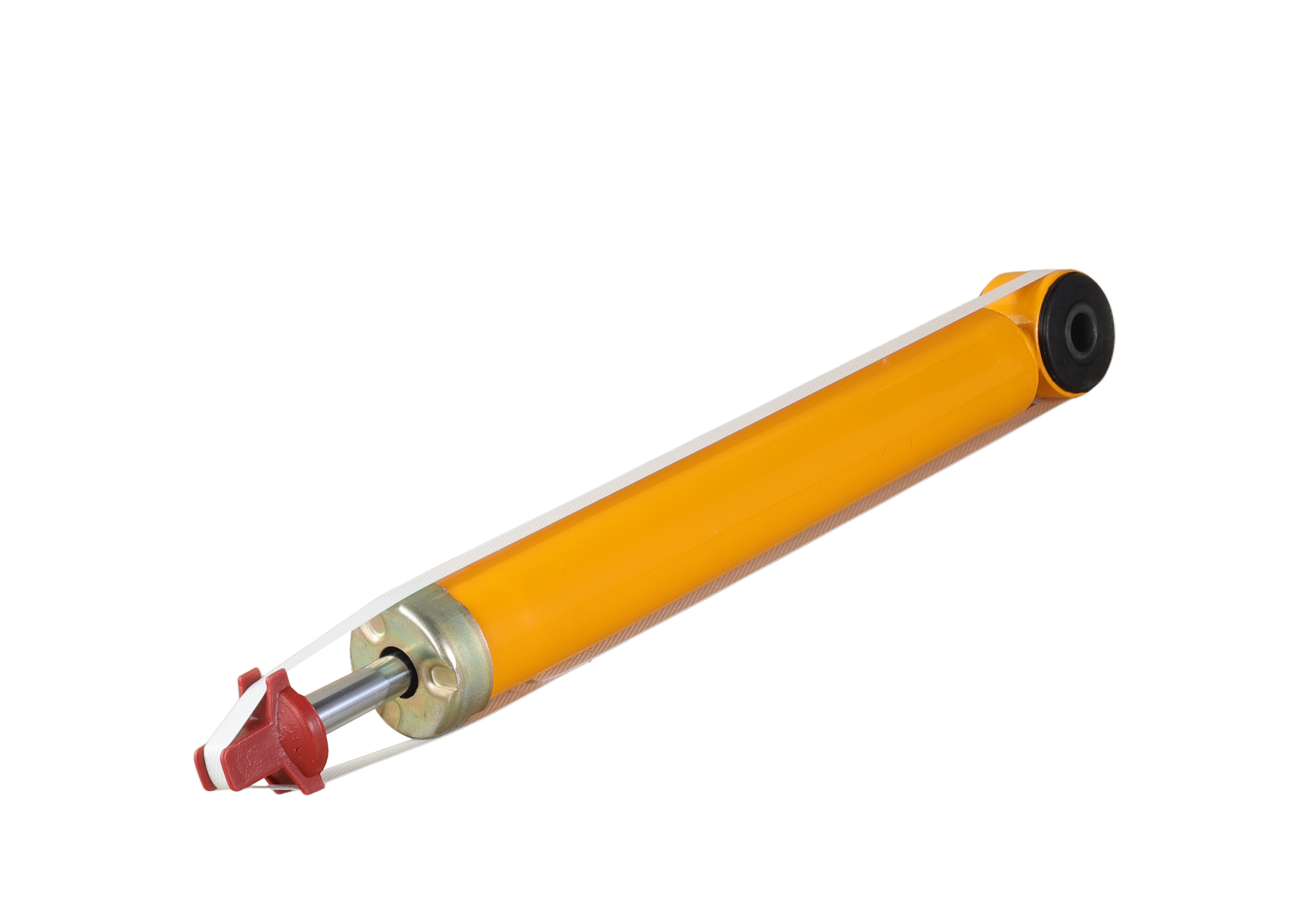 Автомобильный амортизатор желтого цвета на белом фоне.