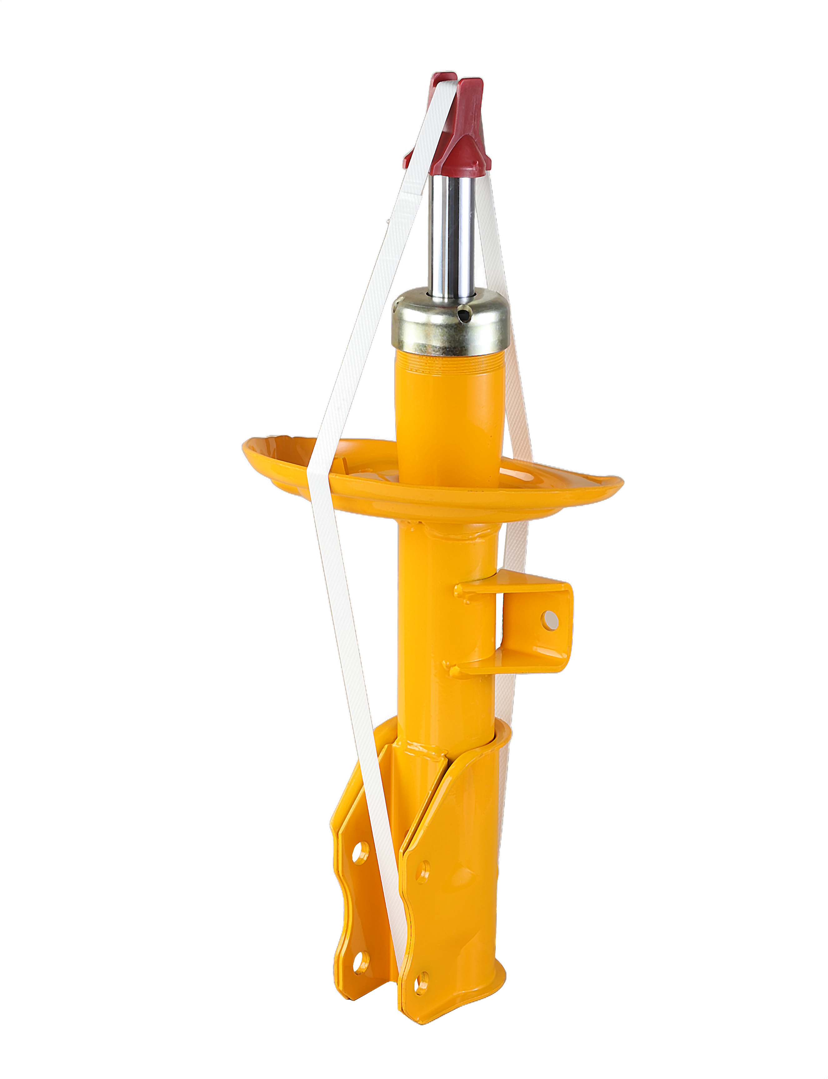 Автомобильная стойка амортизатора желтого цвета на белом фоне.