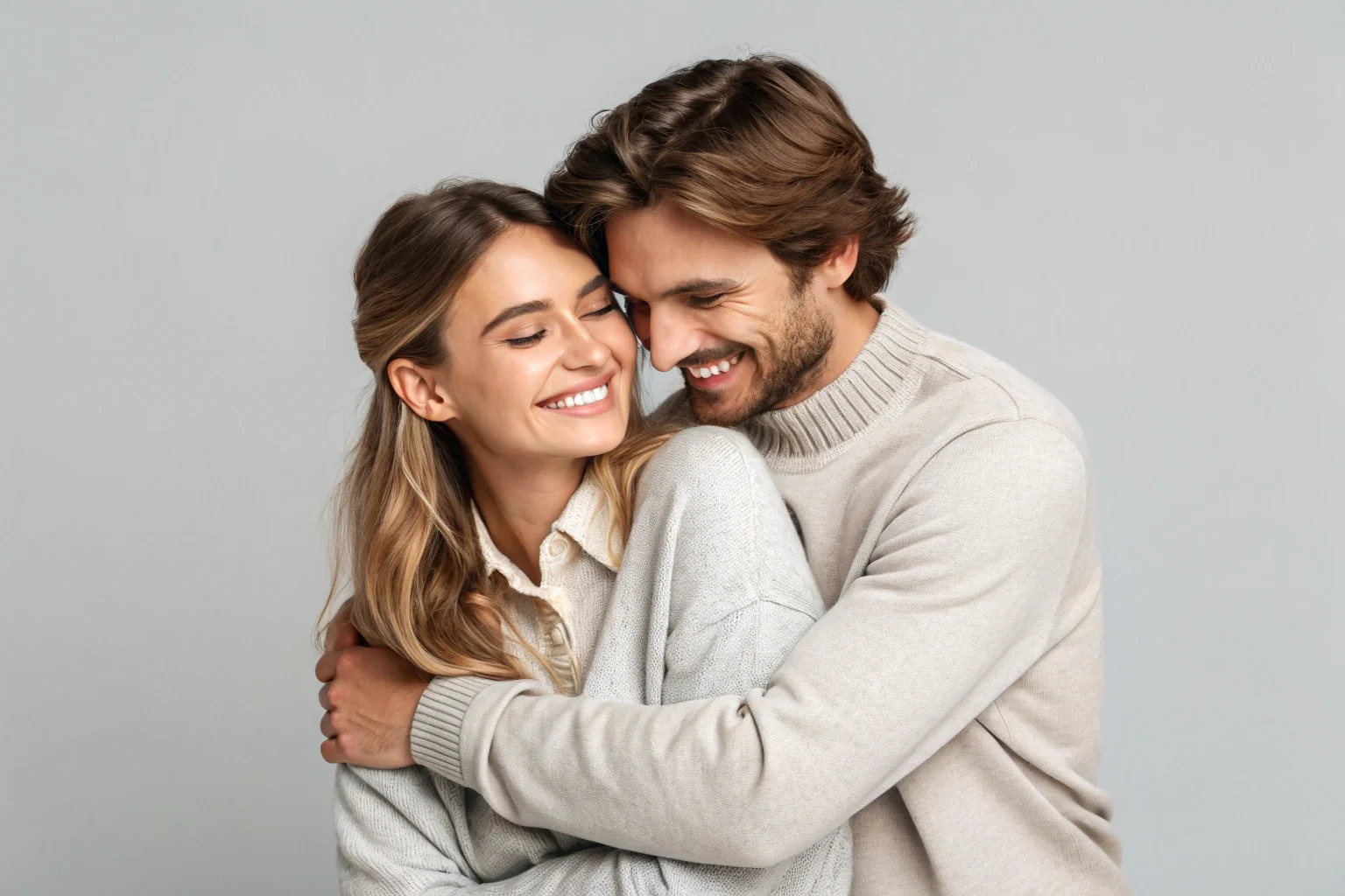 Пара обнимается и улыбается на светлом фоне, портрет.